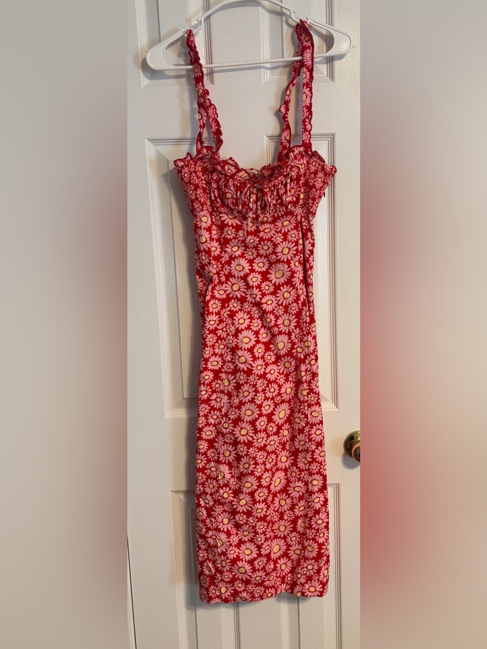Free People Red Daisy-Print Midi Dress with Ruffled Bodice